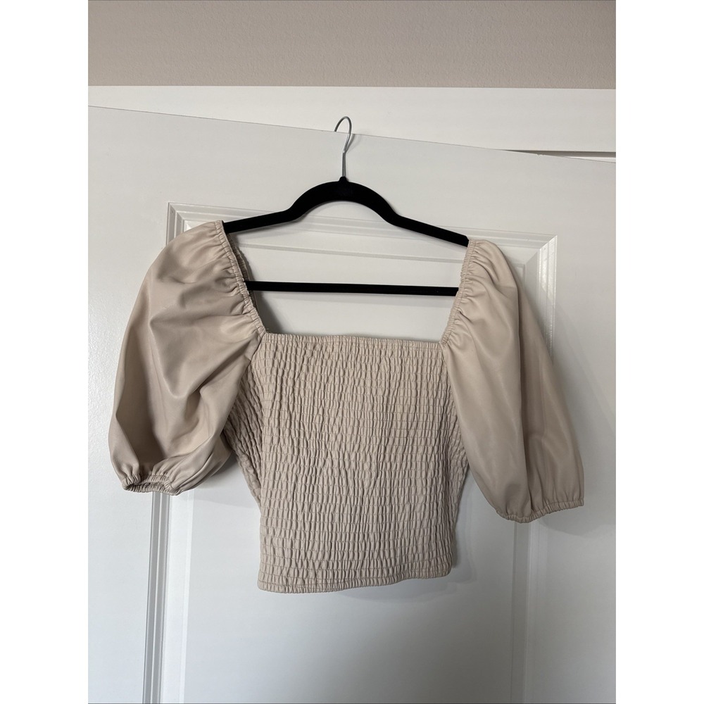 Womens Miou Muse Faux Leather Puff Sleeve Crop Top Size Large Tan